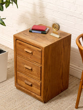 Load image into Gallery viewer, Vintage Mid-Century Modern Three-Drawer Oak Nightstand with Sculptural Pulls