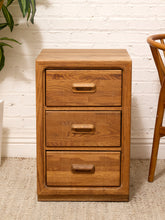 Load image into Gallery viewer, Vintage Mid-Century Modern Three-Drawer Oak Nightstand with Sculptural Pulls