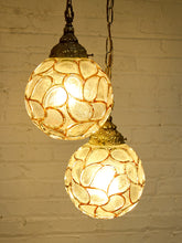 Load image into Gallery viewer, Pair of Vintage Faceted Glass Globe Pendant Lights with Ornate Brass Caps