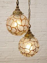 Load image into Gallery viewer, Pair of Vintage Faceted Glass Globe Pendant Lights with Ornate Brass Caps