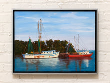 Load image into Gallery viewer, Vintage Coastal Harbor Painting with Shrimp Boats