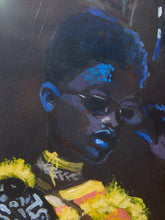 Load image into Gallery viewer, Blue Reflection Framed Portrait Painting with Glasses and Yellow Accents