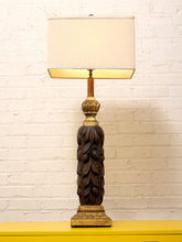 Load image into Gallery viewer, Vintage Hand-Carved Acanthus Wood Table Lamp with Linen Box Shade