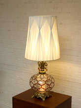 Load image into Gallery viewer, Vintage Faceted Glass Globe Table Lamp with Brass Base and Pleated Shade