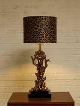 Load image into Gallery viewer, Gilded Tree Trunk Table Lamp with Leopard Print Shade and Black Base