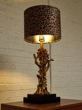 Load image into Gallery viewer, Gilded Tree Trunk Table Lamp with Leopard Print Shade and Black Base