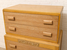 Load image into Gallery viewer, Vintage Art Deco Blonde Wood Highboy Dresser with Carved Detail