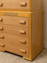 Load image into Gallery viewer, Vintage Art Deco Blonde Wood Highboy Dresser with Carved Detail