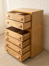 Load image into Gallery viewer, Vintage Art Deco Blonde Wood Highboy Dresser with Carved Detail