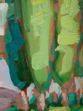 Load image into Gallery viewer, Abstract oil painting featuring textured vertical brushstrokes in shades of green, teal, brown, white, and hints of red.