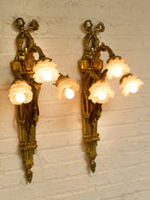 Load image into Gallery viewer, Pair Vintage Louis XVI Style Figural Three-Light Wall Sconces