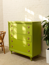 Load image into Gallery viewer, Vintage Chartreuse Highboy Dresser with Ornate Brass Rosette Pulls