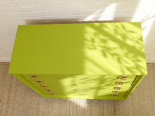 Load image into Gallery viewer, Vintage Chartreuse Highboy Dresser with Ornate Brass Rosette Pulls