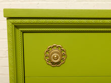 Load image into Gallery viewer, Vintage Chartreuse Highboy Dresser with Ornate Brass Rosette Pulls