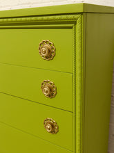 Load image into Gallery viewer, Vintage Chartreuse Highboy Dresser with Ornate Brass Rosette Pulls