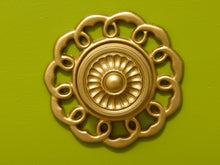 Load image into Gallery viewer, Vintage Chartreuse Highboy Dresser with Ornate Brass Rosette Pulls