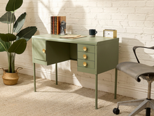 Load image into Gallery viewer, Vintage Deco Sage Green Writing Desk with Round Brass Pulls