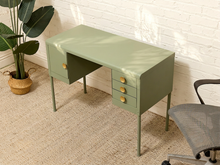 Load image into Gallery viewer, Vintage Deco Sage Green Writing Desk with Round Brass Pulls