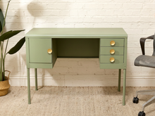 Load image into Gallery viewer, Vintage Deco Sage Green Writing Desk with Round Brass Pulls