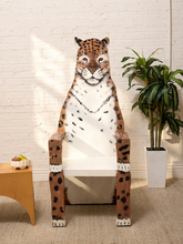 Load image into Gallery viewer, Vintage hand-painted wooden figural chair shaped like a leopard with spotted legs, animal face backrest, and white seat.