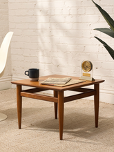 Load image into Gallery viewer, Vintage mid-century modern walnut side table with square wood top, tapered legs, and slim stretcher details.
