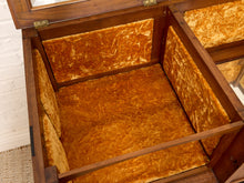 Load image into Gallery viewer, An open wooden storage chest or display case with plush golden-orange velvet lining, photographed from above to show the interior compartments and texture.