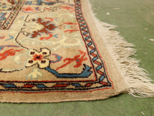 Load image into Gallery viewer, A close-up of a patterned area rug corner with cream fringe, showing beige, blue, red, and cream woven motifs on a green floor.