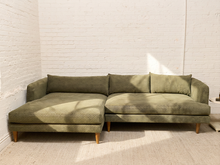 Load image into Gallery viewer, Modern Rowan two-piece sectional sofa with green patterned upholstery, left-side chaise, loose back cushions, and tapered wood legs
