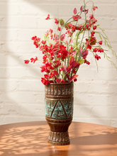 Load image into Gallery viewer, Vintage Made in Italy pottery vase in Bitossi style with tall tapered form, geometric carved details, brown glaze, and turquoise blue accents.