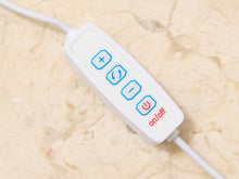 Load image into Gallery viewer, A white inline power control switch with blue and red buttons, resting on a beige marble-textured surface.