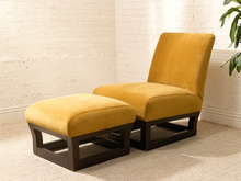 Load image into Gallery viewer, Vintage mustard gold velvet armless lounge chair with matching rectangular ottoman and dark recessed bases