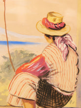 Load image into Gallery viewer, A watercolor painting of a person seen from behind, wearing a straw hat with red and pink bands, a striped shirt, and a dark woven basket on their back, set against a soft landscape with a blue horizon.