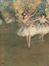 Load image into Gallery viewer, A soft-focus painting of two young ballerinas in white tutus dancing on a stage-like floor, with warm brown and beige tones and painted foliage in the background.