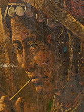 Load image into Gallery viewer, Close-up of an oil painting depicting a man's face in profile, holding a pipe, rendered in warm earthy tones of brown, gold, and red with visible canvas texture and paint cracks.