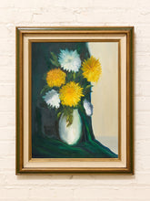 Load image into Gallery viewer, Vintage oil painting of yellow and white flowers arranged in a vase with dark green background and layered wood frame