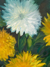 Load image into Gallery viewer, An impressionistic oil painting of flowers, featuring a large pale blue-white flower at the top, bright yellow flowers at the bottom and right, and dark green leaves against a dark background.