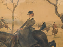 Load image into Gallery viewer, An antique oil painting depicting a Victorian-era woman in a dark dress and bowler hat riding a dark horse in an equestrian hunt, with other riders and leafless trees in the background.