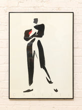 Load image into Gallery viewer, Vintage postmodern abstract figure poster with bold black brush forms and red accents in a slim black frame