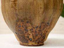 Load image into Gallery viewer, Close-up of a ceramic vase with a textured, organic brown and gold glaze and dark speckled detailing near the base, resting on a white fabric surface.