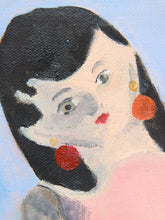 Load image into Gallery viewer, A close-up painted portrait of a woman with black hair, pale skin, red and orange earrings, and a soft pink shoulder against a light blue background.
