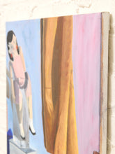Load image into Gallery viewer, A square canvas painting hanging on a white brick wall, featuring an abstract depiction of a seated woman in a pink dress against a light blue background, alongside large vertical blocks of tan and pink.