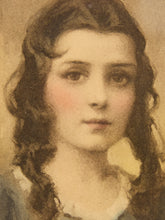 Load image into Gallery viewer, Vintage portrait painting of a young woman with dark wavy hair, rosy cheeks, and a soft neutral background.