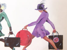 Load image into Gallery viewer, Vintage fashion illustration of a woman in a purple dress and feathered hat carrying shopping bags, alongside another woman in a green dress carrying a black bag, on a plain light background.