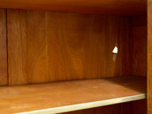 Load image into Gallery viewer, Close-up of the interior wooden shelf of a cabinet or bookcase, showing warm medium-brown wood panels and a small white bird perched on the back wall.