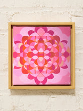 Load image into Gallery viewer, Vintage pink kaleidoscope geometric artwork with overlapping circular pattern in magenta, lavender, red, and orange in wood frame