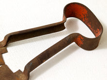 Load image into Gallery viewer, Antique primitive metal sheep shears with tapered blades, spring handles, and heavily aged rusted patina