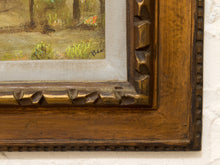 Load image into Gallery viewer, Vintage framed desert landscape painting with saguaro cacti, mountain backdrop, blue sky, and carved wood frame