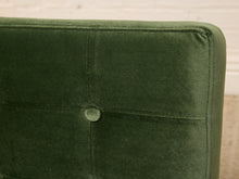 Load image into Gallery viewer, Vintage Barcelona-style lounge chair with olive green button-tufted seat and back, polished metal frame, and support straps