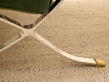 Load image into Gallery viewer, Vintage Barcelona-style lounge chair with olive green button-tufted seat and back, polished metal frame, and support straps