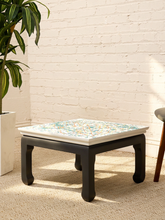 Load image into Gallery viewer, Vintage square side table with abstract green, orange, and yellow splatter-painted top and dark curved-leg base